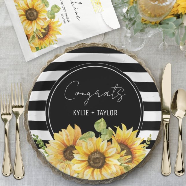 Assiettes En Carton Pluie de Tournesols et Rayures Noires et Blanches  (Créateur téléchargé)