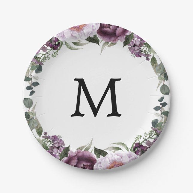 Assiettes En Carton Plum Peonies Monogramme Fête des mariées Plaque en (Devant)