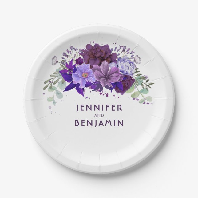 Assiettes En Carton Plum Violet Violet Floral Élégant Mariage (Devant)