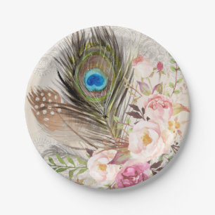 Assiettes En Carton Plume chic de paon de Boho et plaque à papier de
