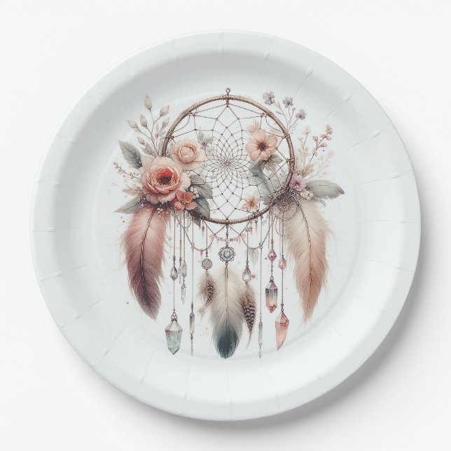 Assiettes En Carton Plumes de cristal floral Dreamcatcher Boho Sweet 1 (Devant)
