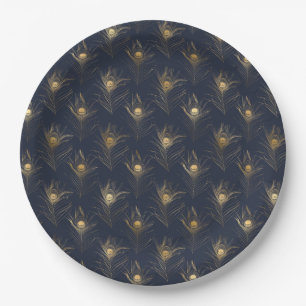Assiettes En Carton Plumes de paon bleu marine or imprimé élégant