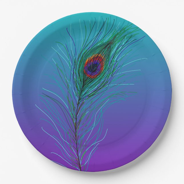 Assiettes En Carton Plumes de paon turquoise à violet (Devant)
