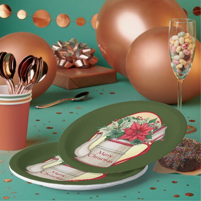Assiettes En Carton Poêle à thé à l'ancienne avec poinsettias Noël (Multi)