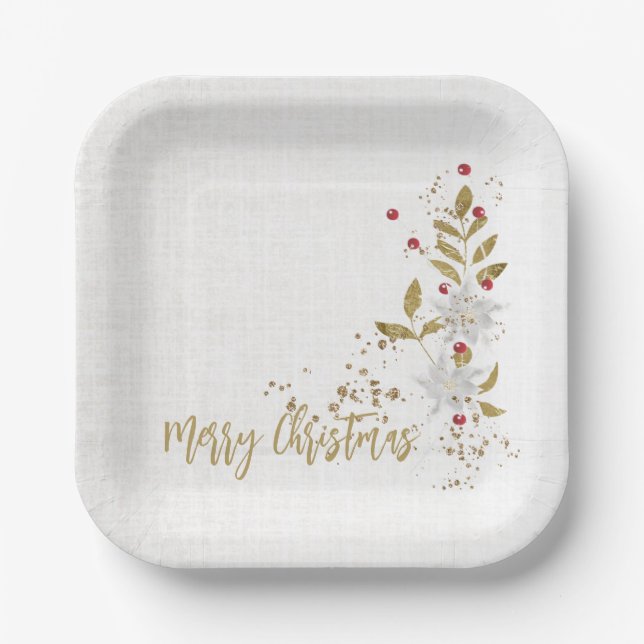 Assiettes En Carton Poinsettia blanc classique Parties scintillant or  (Recto)