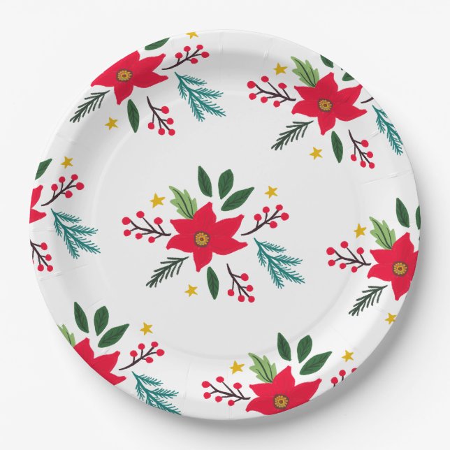 Assiettes En Carton Poinsettia Botanics Foliing Noël de vacances (Devant)