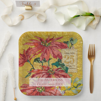 Assiettes En Carton Poinsettia Doré | Noël personnalisé 20XX