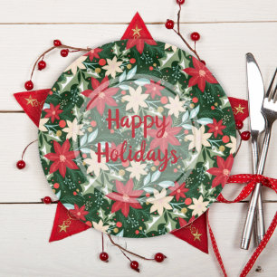 Assiettes En Carton Poinsettia Floral Noël Vert