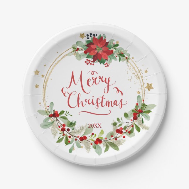 Assiettes En Carton Poinsettia Verdure Feuillage Rouge Berry Noël (Devant)