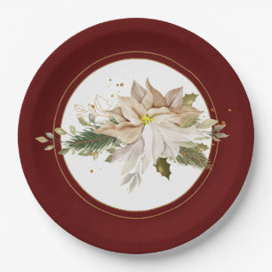 Assiettes En Carton Poinsettias Blanches et Feuilles de Parties scinti