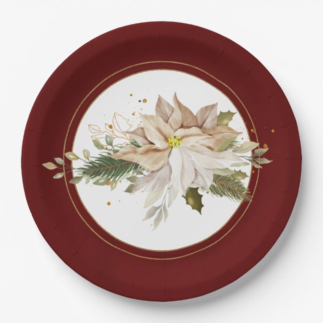Assiettes En Carton Poinsettias Blanches et Feuilles de Parties scinti (Devant)