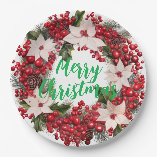 Assiettes En Carton Poinsettias de Noël et Holly (Devant)