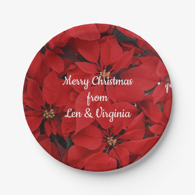 Assiettes En Carton Poinsettias de Noël Rouge, Joyeux Noël (Devant)