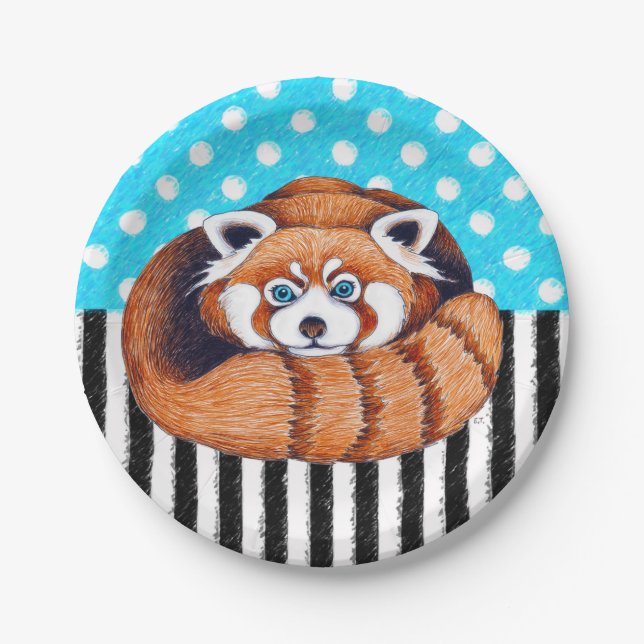 Assiettes En Carton Point de polka bleu d'ours panda rouge (Devant)