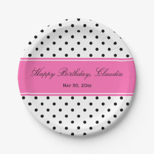 Assiettes En Carton Pointe Polka noir et blanc avec Anniversaire rose 