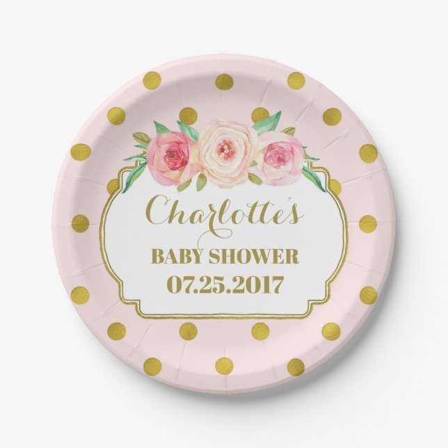 Assiettes En Carton Pointes en or rose Plaque de Baby shower fleurie (Devant)