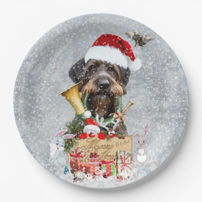 Assiettes En Carton Pointeur à poils durs, Noël de chien (Devant)