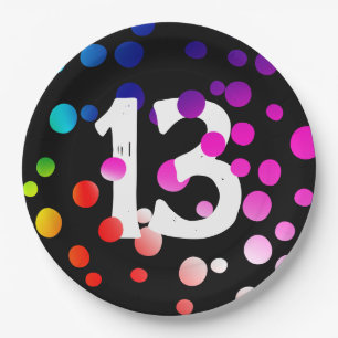 Assiettes En Carton Points arc-en-ciel du 13e anniversaire en noir