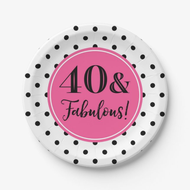 Assiettes En Carton Points blancs noirs roses du 40e anniversaire (Devant)