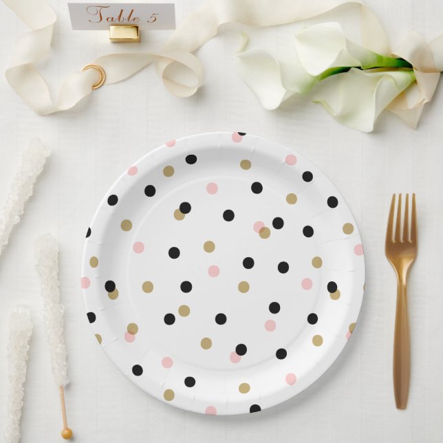 Assiettes En Carton Points Confetti Noir Rose et Or (Mariage)