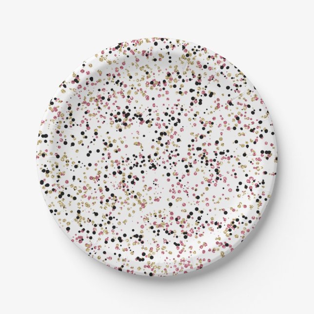 Assiettes En Carton Points Confetti Noir Rose Or Glitzy Anniversaire (Devant)