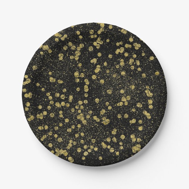 Assiettes En Carton Points de confettis d'étincelle de noir d'or (Devant)