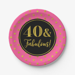 Assiettes En Carton Points d'or noir rose pour la fête du 40e annivers