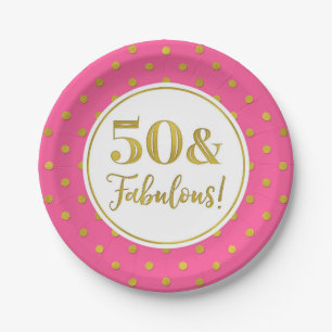 Assiettes En Carton Points d'or rose blanc 50e fête d'anniversaire