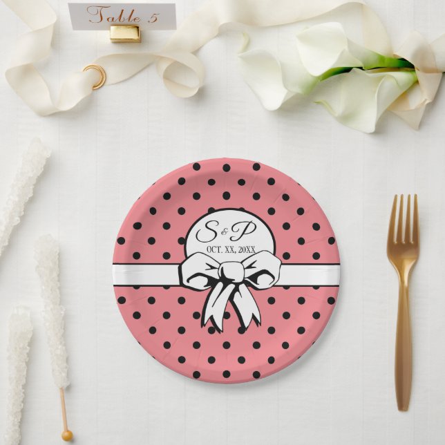 Assiettes En Carton Points noirs rose pastèque Bow blanc Personnalisé (Mariage)