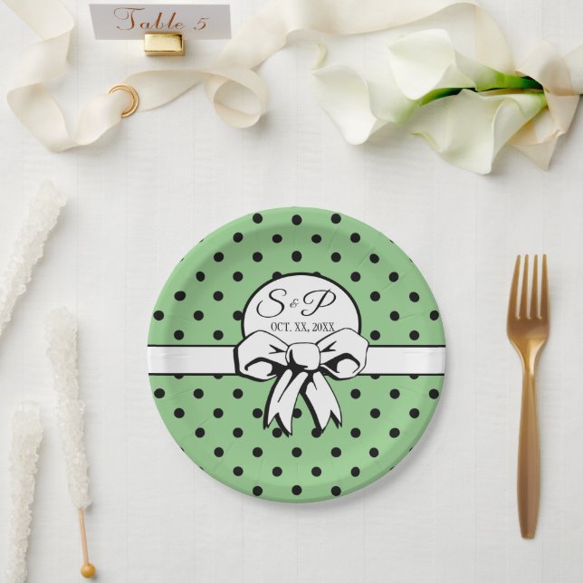 Assiettes En Carton Points Noirs Sage Green Bow Blanc Personnalisé (Mariage)
