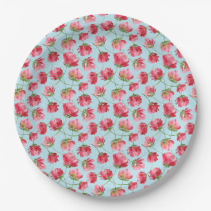 Assiettes En Carton Pois de fleurs d'aquarelle rouge de Crimson