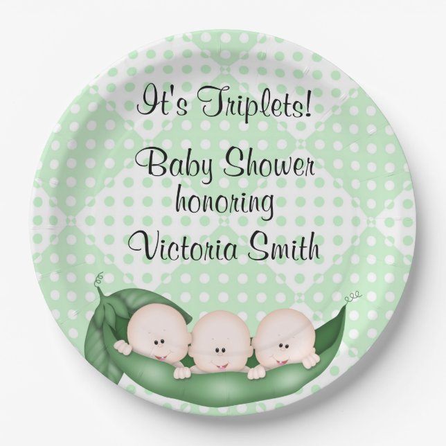 Assiettes En Carton Pois de triplets de baby shower dans une cosse (Devant)
