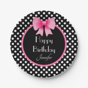 Assiettes En Carton Pois noir et blanc Motif Bow rose Anniversaire