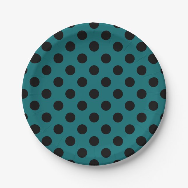 Assiettes En Carton Pois noirs en turquoise (Devant)