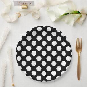 Assiettes En Carton Pois noirs et blancs, Motif Polka