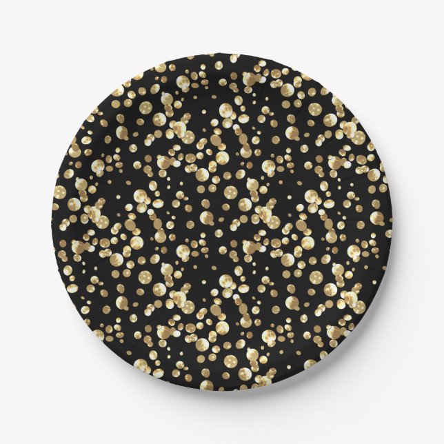 Assiettes En Carton Pois or sur un arrière - plan noir. (Devant)