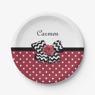 Assiettes En Carton Pois rouge et blanc mignon Rose Chevron Bow