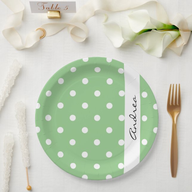 Assiettes En Carton Pois verts, Motif Pointe Polka, Votre Nom (Mariage)