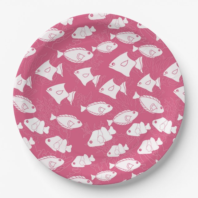 Assiettes En Carton Poisson blanc baignade dans la mer rose (Devant)