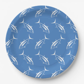 Assiettes En Carton Poisson de thon albacore en blanc sur bleu égéen