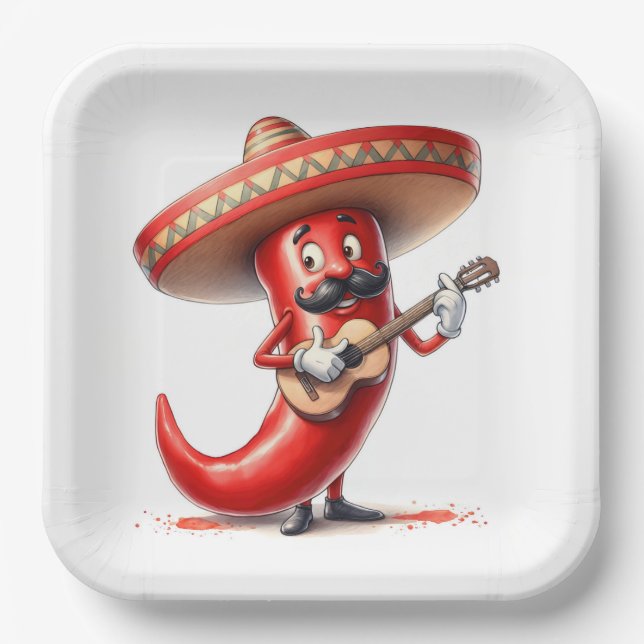 Assiettes En Carton Poivre Mexicain Rouge Avec Guitare (Recto)