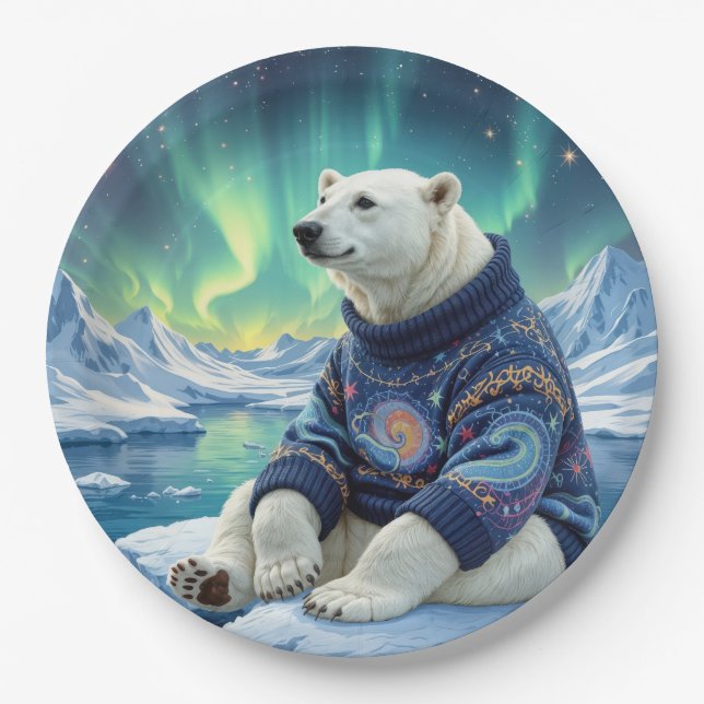 Assiettes En Carton Polar Bear Sitting Under Northern Lights (Devant)
