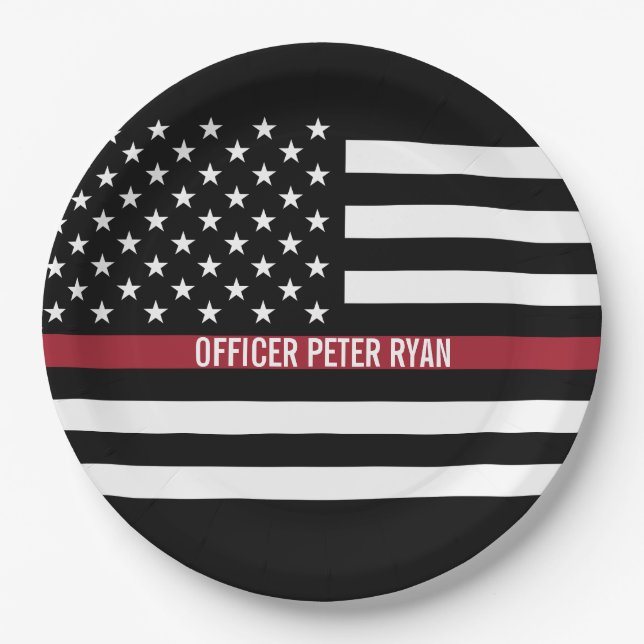 Assiettes En Carton Police Mince Red Line American Flag Ajouter un nom (Devant)