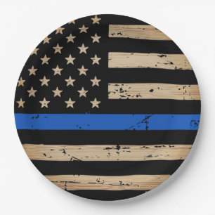 Assiettes En Carton Police Police Mince Plaque Papier Ligne Bleue