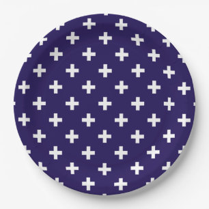 Assiettes En Carton Polka blanche croise sur bleu marine