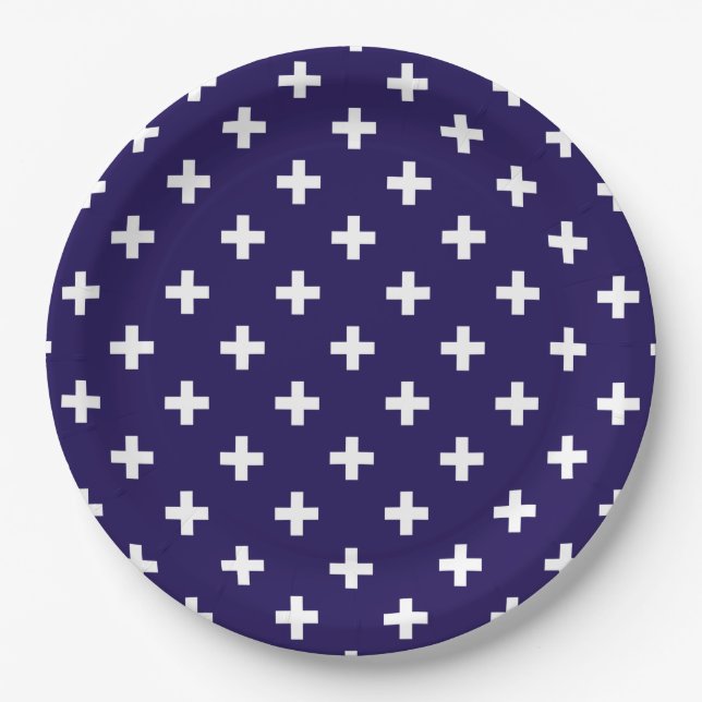 Assiettes En Carton Polka blanche croise sur bleu marine (Devant)
