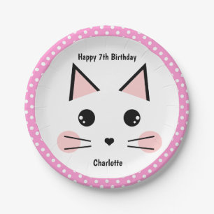 Assiettes En Carton Polka rose poirée personnalisée Chat Kitty