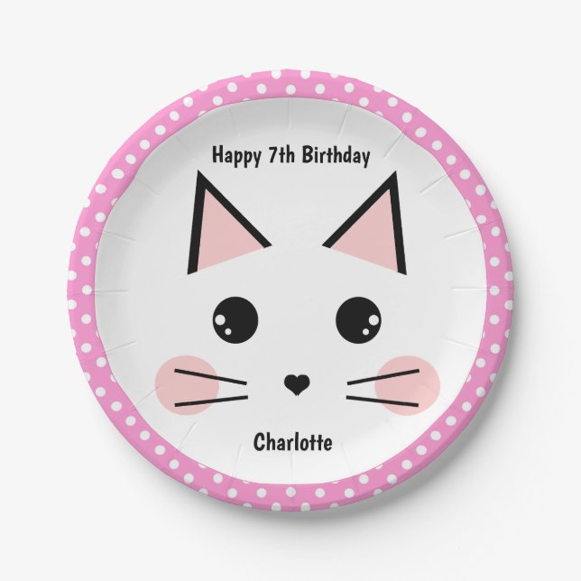 Assiettes En Carton Polka rose poirée personnalisée Chat Kitty (Devant)