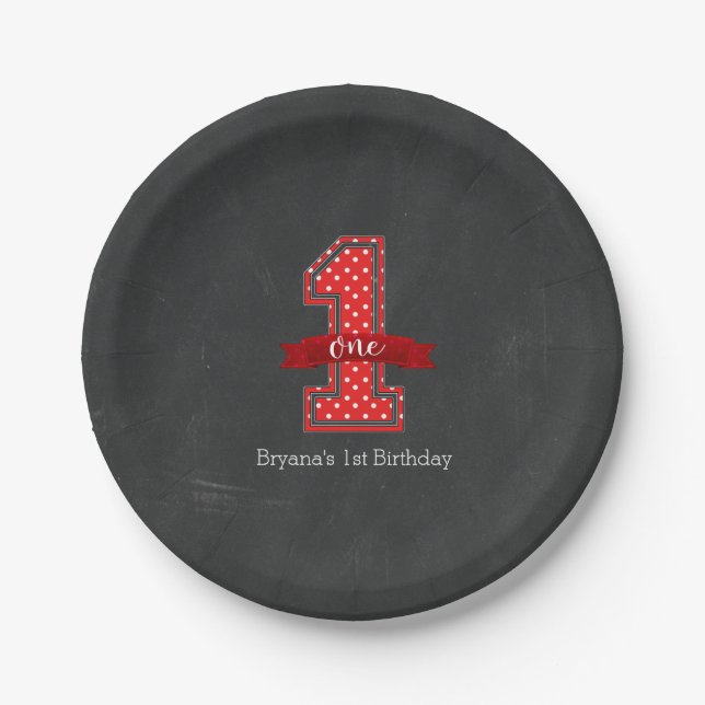 Assiettes En Carton Polka rouge et blanc point 1 fête d'anniversaire (Devant)