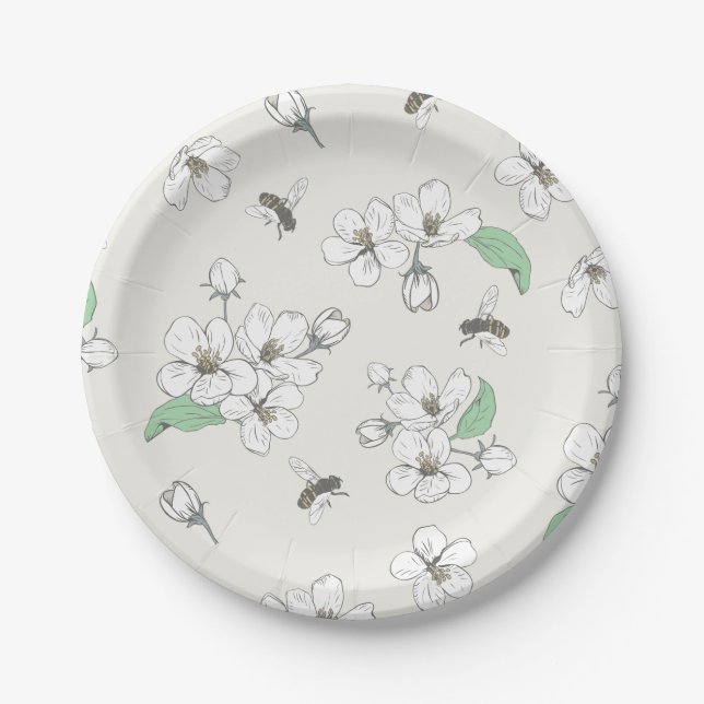 Assiettes En Carton Pomme Fleur Miel Abeille Blanc ivoire (Devant)